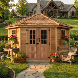 9×9 Western Red Cedar – Penthouse Shed – Corner Storage & Garden Tool Kit