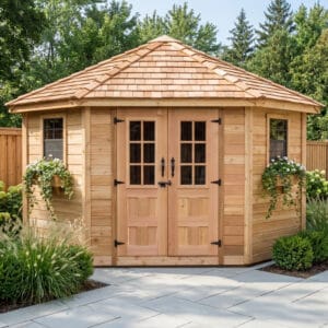 9×9 Western Red Cedar – Penthouse Shed – Corner Storage & Garden Tool Kit